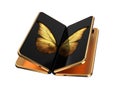 Concept of two foldable smartphone folded and placed next to each other with golden butterfly image on screens. Flexible