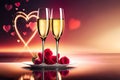 Two Glasses Of Champagne Sparkling Wine, Pink With Shinny Bright Heart Bokeh. Valentines Day, New Years, Wedding, B. Generative AI