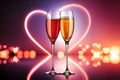 Two Glasses Of Champagne Sparkling Wine, Pink With Shinny Bright Heart Bokeh. Valentines Day, New Years, Wedding, B. Generative AI