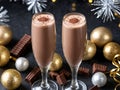 Two Glasses Of Chocolate Milkshake With Chocolate And Christmas Decorations. Generative AI