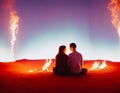 A concept of two people, a couple sitting in the desert surrounded by fire, infinite love and understanding, AI Generated