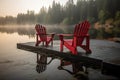 Two red adirondack chairs on a wooden dock on a lake. Generative AI