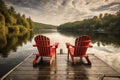 Two red adirondack chairs on a wooden dock on a lake. Generative AI