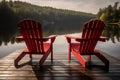 Two red adirondack chairs on a wooden dock on a lake. Generative AI Royalty Free Stock Photo