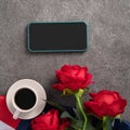 Concept of Independence day or Memorial day with smart phone and coffee. Flag over dark gray table background