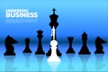 Silhouette of businesswomen standing on white pawn chess piece in front of all of black chess piece.