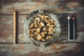 Concept of unhealthy lifestyle, unhealthy breakfast. Flat lay of composition with glass ashtray, cigarette stub and Royalty Free Stock Photo