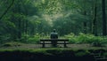 The Concept of Unity with Nature. A Man Relaxes and Contemplates a Beautiful Green Forest extreme closeup. Generative AI
