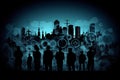 Universal technology wallpaper with abstract backdrop gears idea and business peoples silhouettes on a cityscape. Generative AI Royalty Free Stock Photo