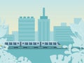 Concept urban city area, train ride bridge railway flat vector illustration. Travel country movement trip european