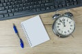 The concept of urgent deadline at work. Keyboard, clock, pen and blank paper Royalty Free Stock Photo