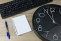 The concept of urgent deadline at work. Keyboard, clock, pen and blank paper Royalty Free Stock Photo