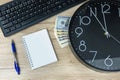 The concept of urgent deadline at work. Keyboard, clock, pen and blank paper Royalty Free Stock Photo