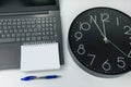 The concept of urgent deadline at work. Keyboard, clock, pen and blank paper Royalty Free Stock Photo