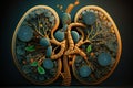Concept urolithiasis disease. Abstract Kidney model with stones. Generation AI