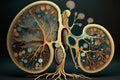 Concept urolithiasis disease. Abstract Kidney model with stones. Generation AI