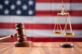 Concept of USA or American justice system showing by using Judge Gavel and Balance scale on US flag as background Royalty Free Stock Photo