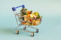 The concept of using quick-frozen vegetables. Frozen vegetables in a metal cart on a blue light background.