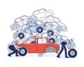 Concept Of Utilization Of Vehicles. Characters Work On Junkyard Sorting Old Used Automobiles And Piles Of Damaged Cars