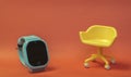 Concept of vacant chair. Yellow stool with blue kid smart watch on orange clean background. Photo in minimal style Royalty Free Stock Photo