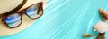 concept vacation and summer travel banner. Happy holidays on sandy tropical sea beach. Panama hat and sunglasses with a reflection Royalty Free Stock Photo