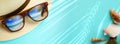 concept vacation and summer travel banner. Happy holidays on sandy tropical sea beach. Panama hat and sunglasses with a reflection Royalty Free Stock Photo