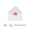 Concept of Valentine day. Letter envelope decorated with red heart with cute white polka dots. Symbol of love. Inscription be my