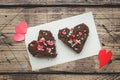 Concept Valentine`s Day. Chocolate chip cookies on a wooden table. Greeting card. Copy space Royalty Free Stock Photo