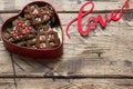 Concept Valentine`s Day. Chocolate chip cookies on a wooden table. Greeting card. Copy space Royalty Free Stock Photo