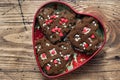 Concept Valentine`s Day. Chocolate chip cookies on a wooden table. Greeting card. Copy space Royalty Free Stock Photo