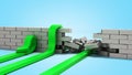 Concept of various solutions to problems green arrows break through the wall or jump over the wall or turn around 3d render on Royalty Free Stock Photo