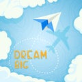 Concept banner on the theme of travel by airplane, vacation, adventure. Paper plane background in blue sky with Royalty Free Stock Photo