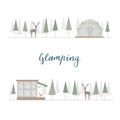 Concept vector forest with wild deer, glamping house. Wood, glass cottage, bubble for convenient contryside life.