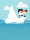 Concept vector illustration, Business leadership and goal concept Businessman stands in yacht looking through spyglass