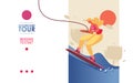 Concept vector landing page or banner template with young woman riding board on wakeboard tour. Bright colors, trees and blue Royalty Free Stock Photo