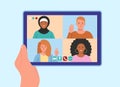 Concept of video conference. A man speaking with many people online at home.Video chat with friends and family. Flat vector