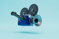 the concept of video shooting. video camera on a blue background. 3D render