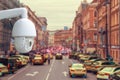 The concept of video surveillance and security technology. CCTV camera tracks violators of traffic rules during traffic congestion