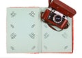 Vintage camera and colorful green photo album isolated on white Royalty Free Stock Photo