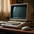 A vintage personal computer with retro CRT monitor and floppy disk system