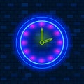 Concept Of Vip Neon Icons, Passing of Time Or Deadline. Cute Vip Neon Clock On The Wall On Dark Brick Wall Background Royalty Free Stock Photo