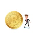 Concept of virtual business digital crypto mining bitcoins. Businessman holds golden bitcoins