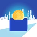 Concept of virtual money digital cryptocurrency. Golden bitcoin in blue wallet. Increasing capital and profits. Wealth and savings Royalty Free Stock Photo