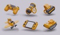 Concept of virtual reality. Digital games, simulation. 3D gamepad, cannon, VR glasses, plane
