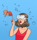 Concept of virtual reality. Girl in 3d-glasses and goldfish. Colorful comics vector illustration in pop art style.