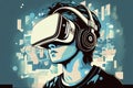 Concept of virtual reality technology, graphic of a teenage gamer wearing VR head-mounted playing game