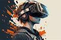 Concept of virtual reality technology, graphic of a teenage gamer wearing VR head-mounted playing game