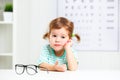 Concept vision testing. child girl with eyeglasses
