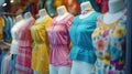 Vibrant Fashion Ensemble on Mannequins. Concept Visual Merchandising, Bold Color Schemes, Trendy