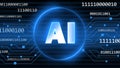 Concept of Visualization of Artificial Intelligence - AI letters centered in a ring on binary code background in blue design Royalty Free Stock Photo